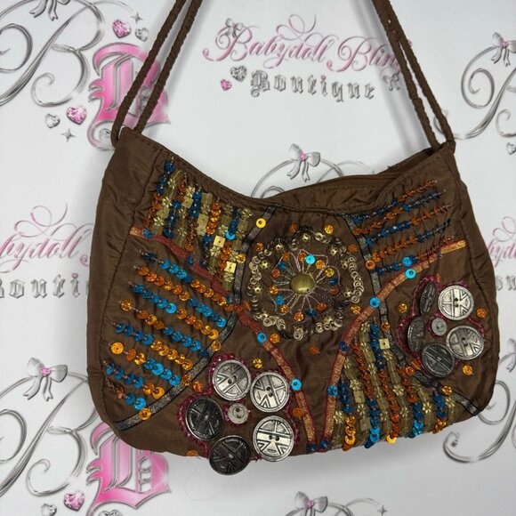 SAND N SUN purse bag boho beaded sequins brown blue orange buttons hippie strap - Picture 2 of 10